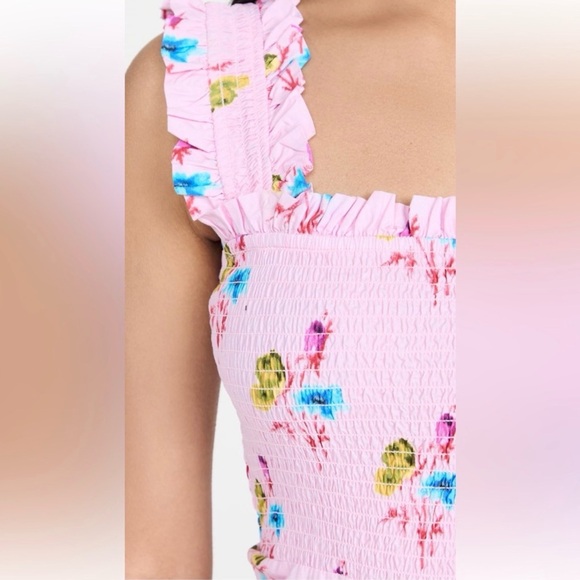 GANNI | Smocked Pink Floral Midi Dress, Size FR 34/US 2 100% Cotton - Picture 6 of 14